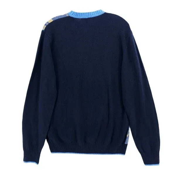 CODICE Sweater Wool Cashmere Blend Italian Yarn Blue Yellow Plaid Front EU 50 Crewneck